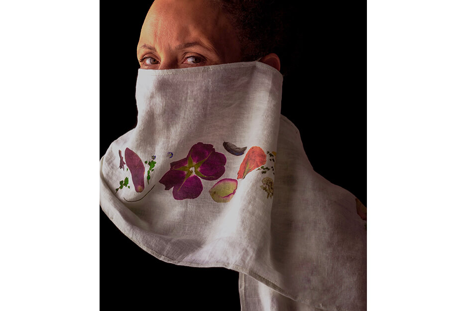 This scarf/mask with a floral design was printed on a Roland BT-12 direct-to-garment printer.