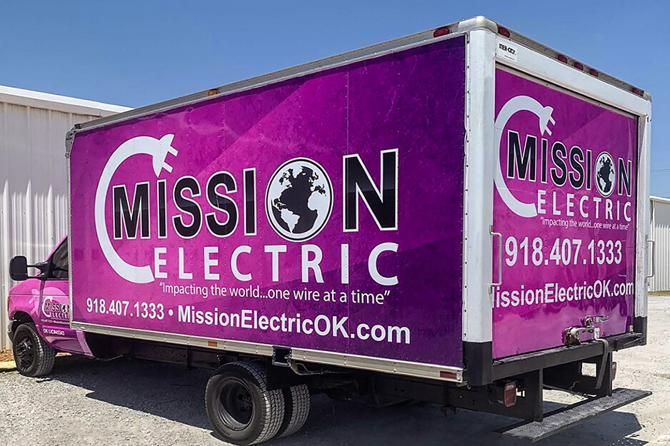 This bright pink wrap on a box truck for Mission Electric was designed by 413 Signs and Graphics and produced on its Roland DG TrueVIS VG2 wide-format printer/cutter.