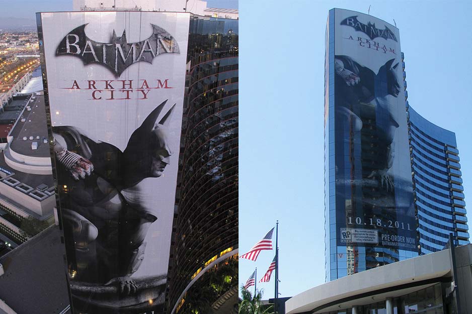Off the Wall Signs building wrap for Batman: Arkham City video game at San Diego Marriott Marquis & Marina Comic-Con 2011