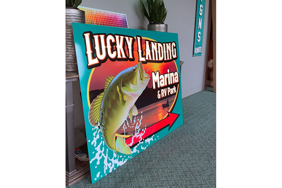 Sign Hub produced this colorful sign for Lucky Landing Marina on its Roland DG TrueVIS VG2-640 wide-format printer/cutter.