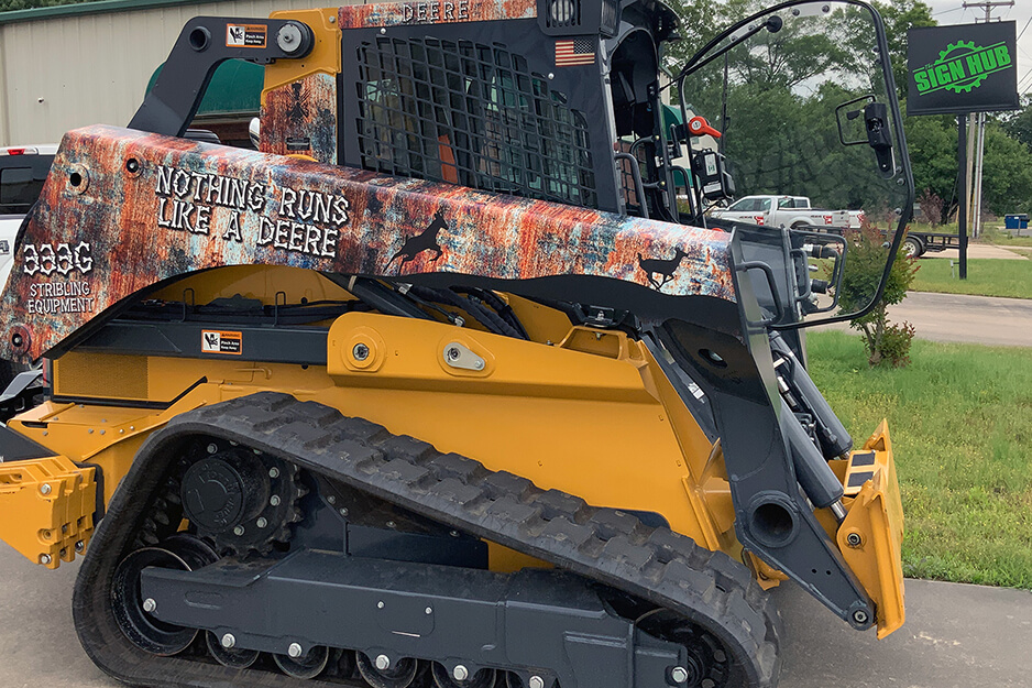 Sign Hub produced this camo wrap for a bulldozer on its Roland DG TrueVIS VG2-640 wide-format printer/cutter.