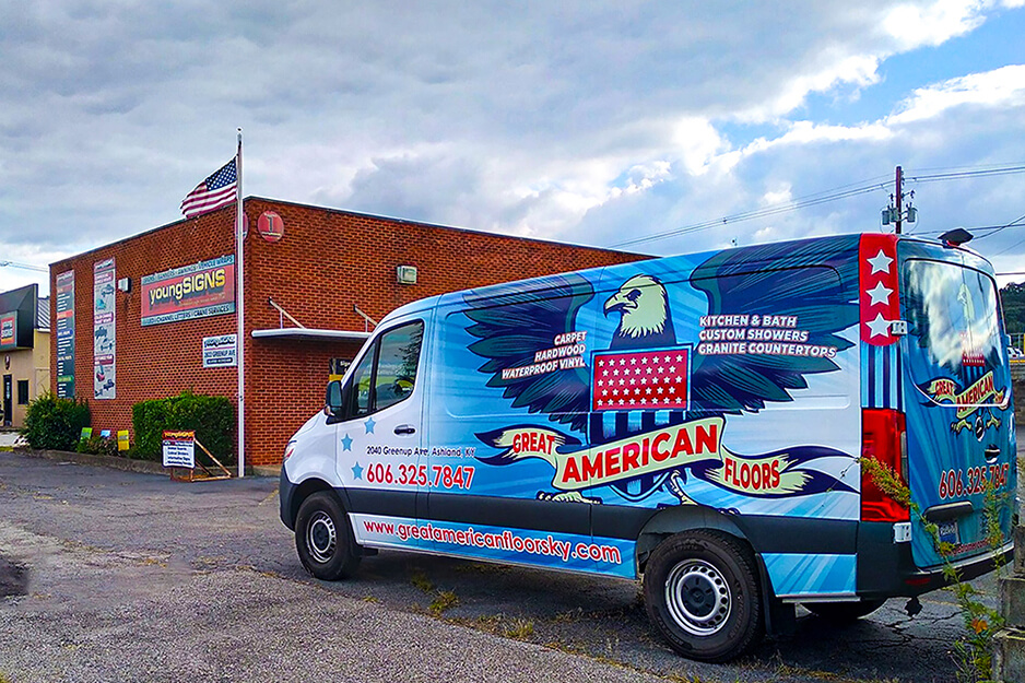 Young Signs produced this red, white and blue van wrap for American Floors on its Roland DG TrueVIS VG2 printer/cutter.
