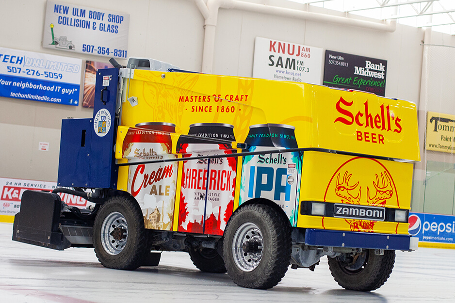 Zamboni covered in colorful Schell's beer graphics, printed by Fuel Graphics on its Roland DG TrueVIS VG2-540 digital printer/cutter.