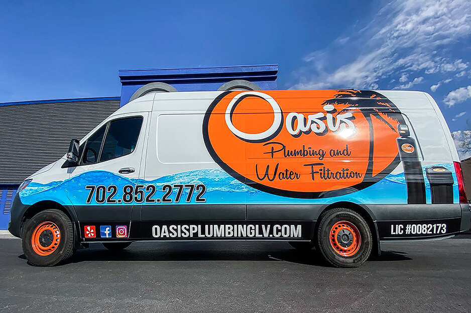 Team Acme wraps fleets like this van for Oasis Plumbing and Water Filtration with graphics produced on its Roland DG TrueVIS VF2-640 wide-format printer.